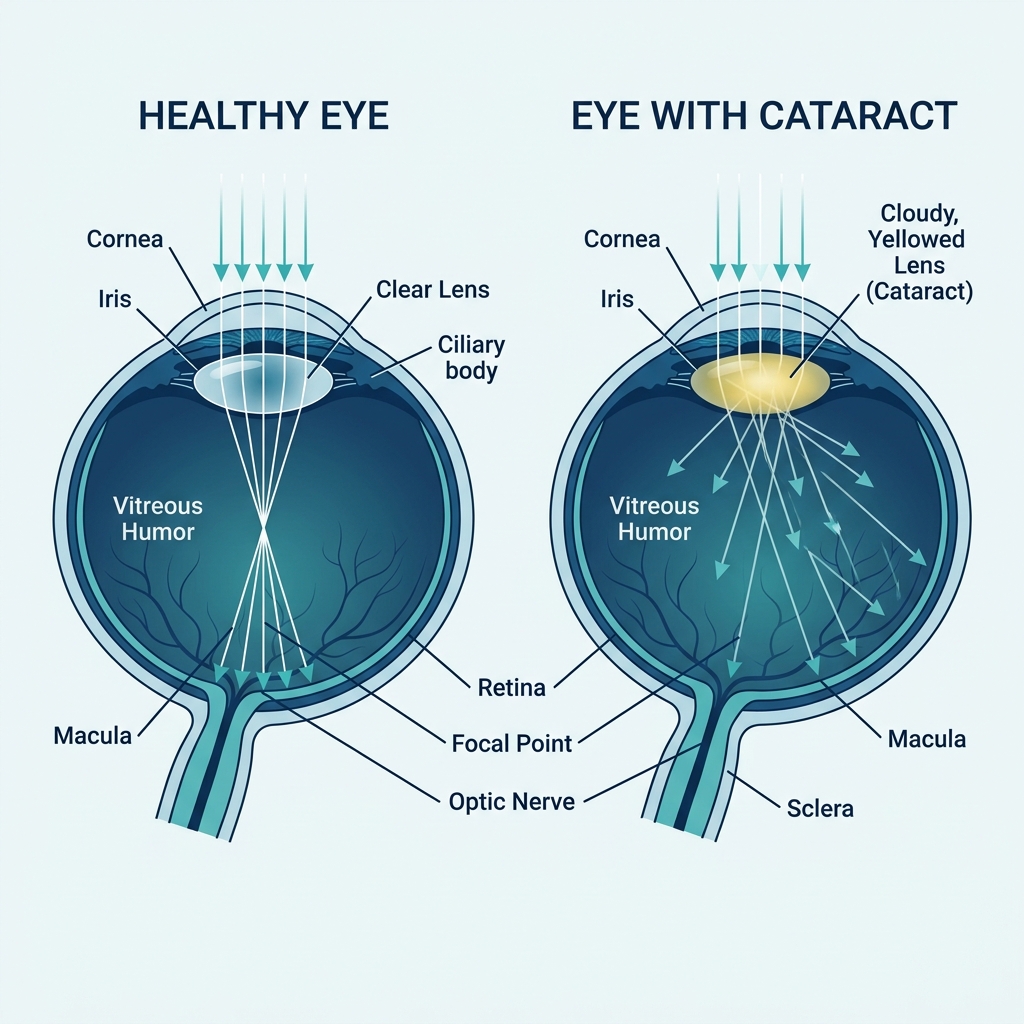 Healthy Eye clear lens vs Cataract Eye cloudy lens comparison